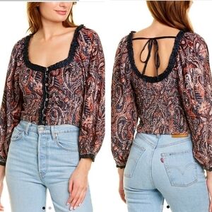 Free People Dare Me Velvet Blouse in Black Combo Size Small